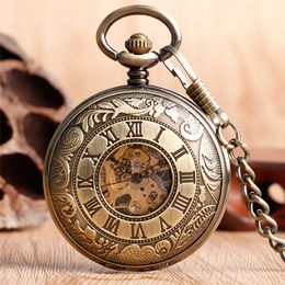 Sier Bronze Golden Pocket Watch Vintage Skeleton Hand Winding Mechanical Watches Double Hunter Case FOB Pendant Chain205y