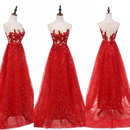 Red Sparkly Sequins Prom Dresses Sheer Neck A Line Evening Gowns Zipper Back Floor Length Formal Party Dress Custom Made