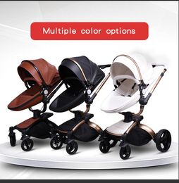 Strollers# Multi-functional Baby stroller 4 in 1 High landscape gold frame PU Pram two-way Car Seat Bassinet newborn Q240429
