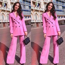 2020 Pink Women's Pant Suits Slim Fit Double Breasted V Neck Ladies Office Business Evening Work Wear Tuxedos (Jacket+Pants)