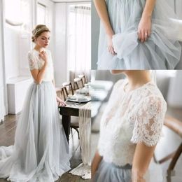 2020 New Country Style Bohemian Bridesmaid Dresses Top Lace Short Sleeves Illusion Bodice Tulle Skirt Maid Of Honor Beach Wedding Dress 4634