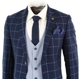 Custom Made Navy Blue lattice Groom Tuxedos Groomsmen Mens Wedding Dress Popular Man Jacket Blazer 3 Piece Suit(Jacket+Pants+Vest+Tie) 1017