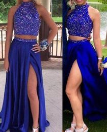 Royal Blue Prom Dresses 2019 Sexy Two Pieces Split Pageant Holidays Graduation Wear Formal Evening Party Gowns Plus Size