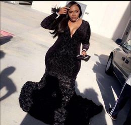 Plus Size Prom Dresses Mermaid Black Lace Plunging V Neck Long Sleeve Evening Gowns With 3D Flowers African Black Girl Dresses