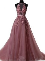 2019 Charming Halter Lace Applique and Tulle Long Prom Dresses Organza Beaded Formal Evening Party Dress Bridesmaid Wear Party Gown QC1358