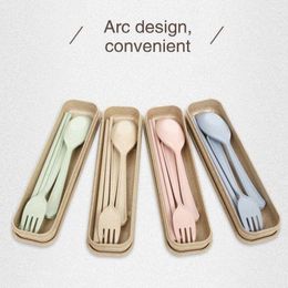3 Pcs/set Wheat Straw Travel Tableware Cutlery Set With Dinnerware Case Portable