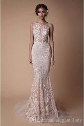 Berta Lace Applique Mermaid Evening Dresses Wear 2018 Sheer Neck Backless Full length Custom Make Fishtail Prom Pageant Gowns Cheap