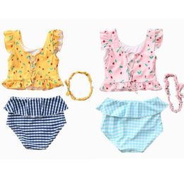 Baby Girls Swimsuits Kids Plaid Printed Bikini Headband Suits Child Summer Cute Sleeveless Two-pieces Hairband Bathing Set Beachwear BYP551