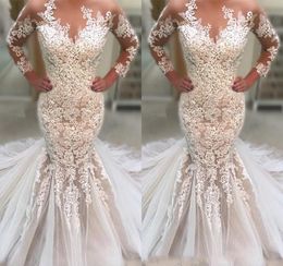 Long Sleeve Mermaid Wedding Dress Arabic Dubai Appliques Lace Garden Country Church Bride Bridal Gown Custom Made Plus Size