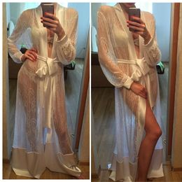 bridal boudoir UK - Lace Bridal Bathrobe Sleepwear Nightgown Evening Party Bathrobes Pyjams Robes Luxury Bride Sleepwear Bath Robes Women Pajama Boudoir Dress