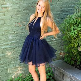 Navy Blue Homecoming Dress 2019 Hoco 2k19 A Line Jewel Spot Tulle Short Prom Cocktail Party Gown Real Photo Zipper Sleeveless Graduation