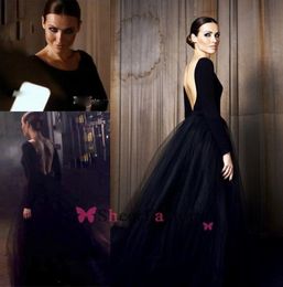 New Gothic Prom Dresses Scoop Neck Long Sleeves Backless Tulle Black Floor Length Ball Gown Mysterious Fashion Evening Gowns Party Dress