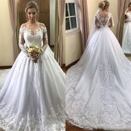 Modest Long Sleeve Ball Gown Wedding Dresses 2020 Off Shoulder Lace Appliqued Arabic Bridal Gowns Garden Plus Size Wedding Dresses
