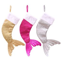 Sequin Mermaid Tail Christmas Stockings Gift Christmas Tree Hanging Ornaments Kids Christmas Candy Bag 3 Colors