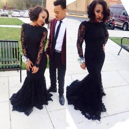 2019 New Custom Made Boat Neck Long Sleeve Mermaid Prom Dresses Sexy Black Lace Evening Party Gowns Cheap Fitted Plus Size Style 441