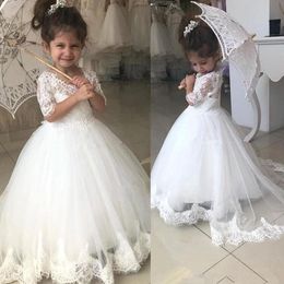 White Flower Girls Dresses Short Sleeve V Neck Girl Formal Party Birthday Pageant Gowns Lace Appliques Princess Wedding Dresses