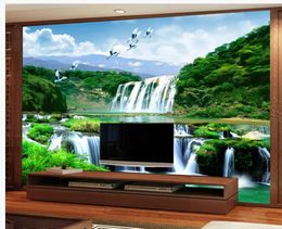 Waterfall mural TV background wall green wallpapers modern wallpaper for living room