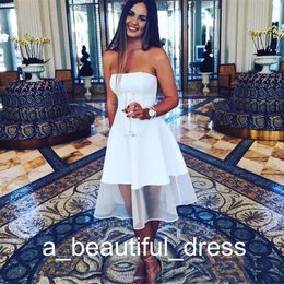 Simple White Cocktail Graduation Dresses A Line Strapless Knee Length Satin And Tulle Short Prom Wear Custom Made Homecoming Dresses GD7812