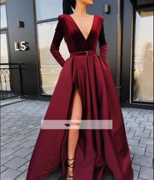 2019 Burgundy side Split Evening Dress Sexy A Line Deep V Neck Long Sleeves stain Holiday Wear Formal Party Gown Custom Made Plus Size