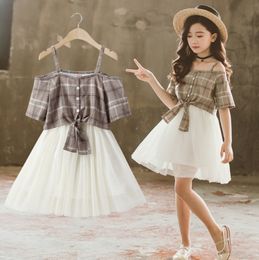 Kids Designer Clothes Girls Plaid Tops White Skirts 2pcs Sets Suspender Girl Princess Dresses Boutique Children Outfits Kids Clothes DHW3312