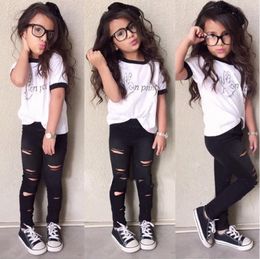 Tops Ripped Pants Cut Trousers Outfits Set 2PCS Cute Baby Kids Girls Summer Clothes Sets Fashion Outfits 2-7 Years