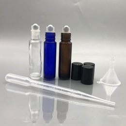 0.33oz 10ml Empty Refillable Glass Roll On Bottles with Black Cap Stainless Steel Roller Balls W/ Transfer Pipette Funnel (Clear Amber Blue)