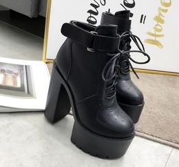 Hot Sale-New buckle thick heel platform lace up designer boots fashion luxury designer women winter ankle boots black white size 35 to 39