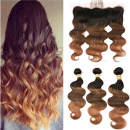 #1B/4/30 Medium Auburn Ombre 3Bundles Malaysian Hair with 13x4 Lace Frontal Black Brown to Auburn 3Tone Ombre Human Hair Weave Wefts