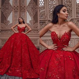 Red Puffy Ball Gown Dresses Sexy Sweetheart 3D Flower Lace Appliques Prom Dress Illusion Tulle Quinceanera Gowns