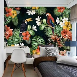 Beibehang Custom wallpaper 3d photo mural hand drawn parrot tropical rainforest tropical plant cartoon TV background wall paper