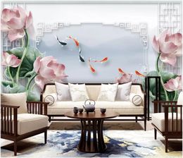 Customised large photo mural wallpaper 3d New Chinese pastoral scenery lotus squid TV background wall papers home decor