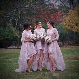 Bridesmaid Blush Pink Dresses High Low Jewel Neck Long Sleeves Lace Applique Maid of Honour Gown Country Wedding Guest Party Wear