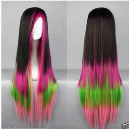 FREESHI PPING+ ++ Cosplay Lolita Black Rose Pink Green Mix long Straight Wig