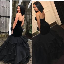 2020 Sexy Elegant Black Velvet Prom Dresses sweetheart cascading Organza Floor Length Formal Evening Gowns Party Dresses Long robe de soiree