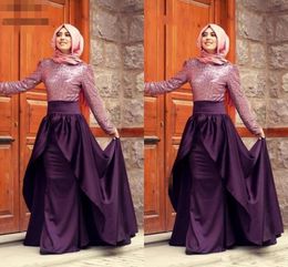 Purple Gown Evening Dresses 2020 A-line Long Sleeves Satin Sequined bodice Scarf Islamic Arabic Long Prom Bestidos De Gala Colour Purpura