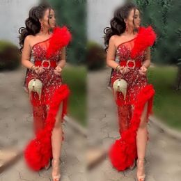 Red See Through Prom Dresses 2020 South African One Shoulder Evening Gowns With Belt Floor Length Sheath Beaded Formal Party Dress