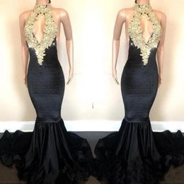 Real Images Mermaid Prom Dresses Long Open Back Gold Appliques Sequins Halter Neck Keyhole Front Long Evening Gowns Customized
