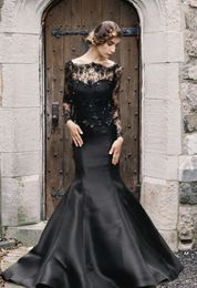 2020 Modern Black Gothic Wedding Dresses Mermaid Long Sleeves Lace Satin Flowers Colourful Bridal Gowns Non White Vintage Robe De Mariee
