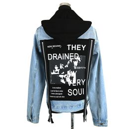 Couple Denim Jackets Spring Autumn Boyfriend Style Printed Graffiti Hoodies Vintage Fashion Mens Oversized Jacket Removable Hat