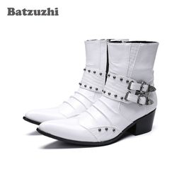 Western Zapatos Hombre Cowboy Men Boots 6.5cm Heels White Leather Punk Style Pointed Toe Military Motorcycle High Top Hombre
