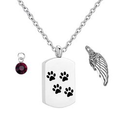 Beautiful Birthstone Square Paw print Stainless Steel Cremation pet Pendant Ashes Keepsake Memorial Urn Necklace