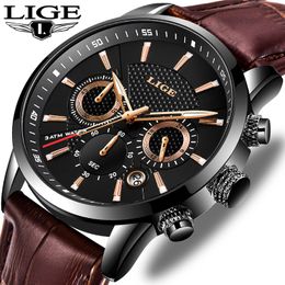LIGE New Mens Relógios Top Marca de luxo Militar Sport Watch Men couro impermeável relógio de quartzo relógio de pulso Relogio Masculino + Box CJ191217