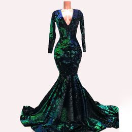 Emerald Green Velvet Mermaid Evening Formal Dresses with Long Sleeve 2020 Sparkly Luxury Sequins Winter Party Occasion Prom Gowns