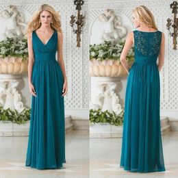 Cheap Chiffon Jasmine Plus Size Bridesmaid Dresses Long V Neck Teal Green Lace Hollow Back Wedding Guest Dresses Party Gowns