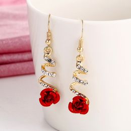 2019 Fashion Jewellery Ethnic Red Rose Drop Earrings Big Rhinestone Earrings Vintage For Women Rose Gold Spiral Dangle Earring