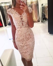 Straight Cap Sleeve Knee Length Cocktail Dress Short Sleeves Appliques Lace Party Gowns Beaded Formal Wear vestidos para Graduacion Dresses