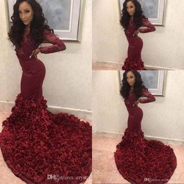 Sexy New Burgundy Dark Red Mermaid Evening Dresses Wear Rose Flowers Lace Appliques Beaded Long Sleeves See Through Formal Prom Party Gowns