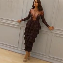 Dark Purple Evening Dresses Sheer Crew Neckline Lace Tiered Long Transparent Sleeve Sheath Prom Dresses Cocktail Party Gowns