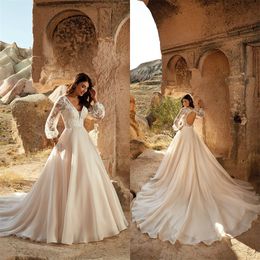 Elegant A-line Eddy K Wedding Dresses V-neck Long Sleeve Appliqued Lace Bridal Dress Backless Court Train Custom Made Bridal Gown 302O