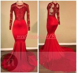 Bling Red Sequins Illusion Long Sleeve Prom Dresses Mermaid Sheer Applique African Party Evening Gowns Robe De Soiree Special Occasion
